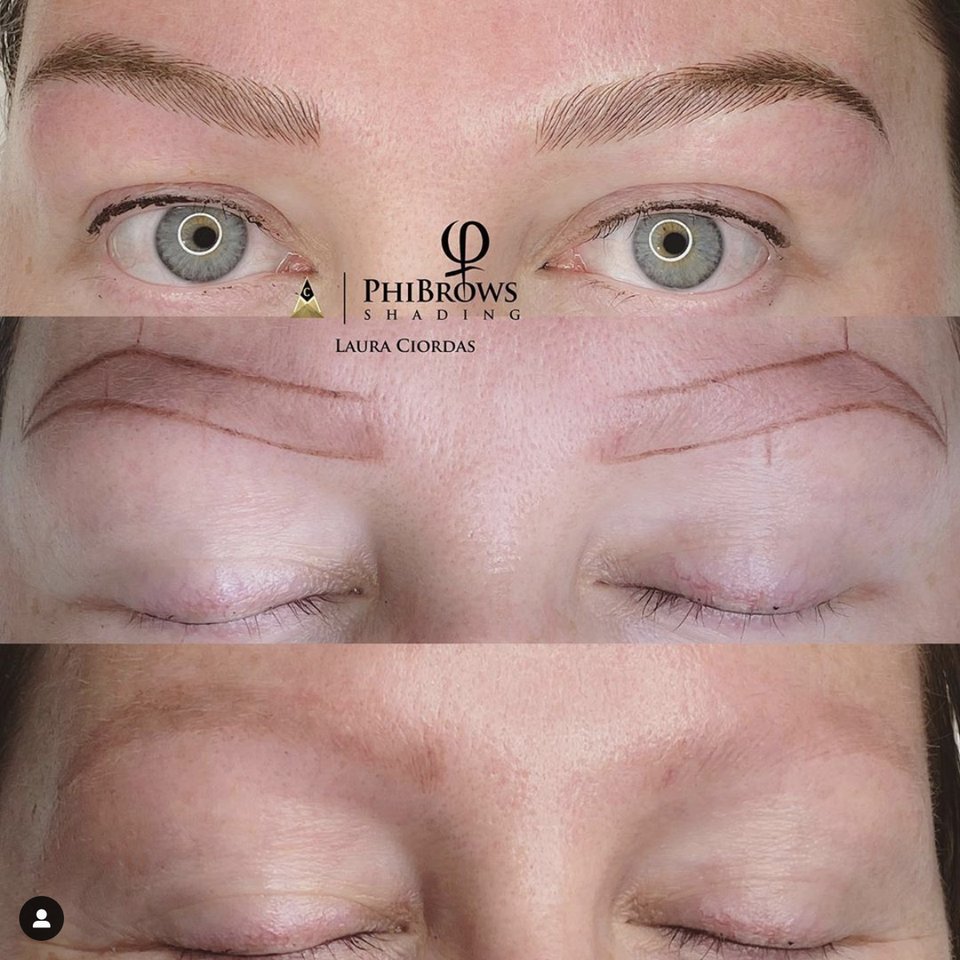 Three stages of eyebrow microblading, bottom to top: a bare brow line with no hair, guide lines drawn on, then shaded brows tattooed in.