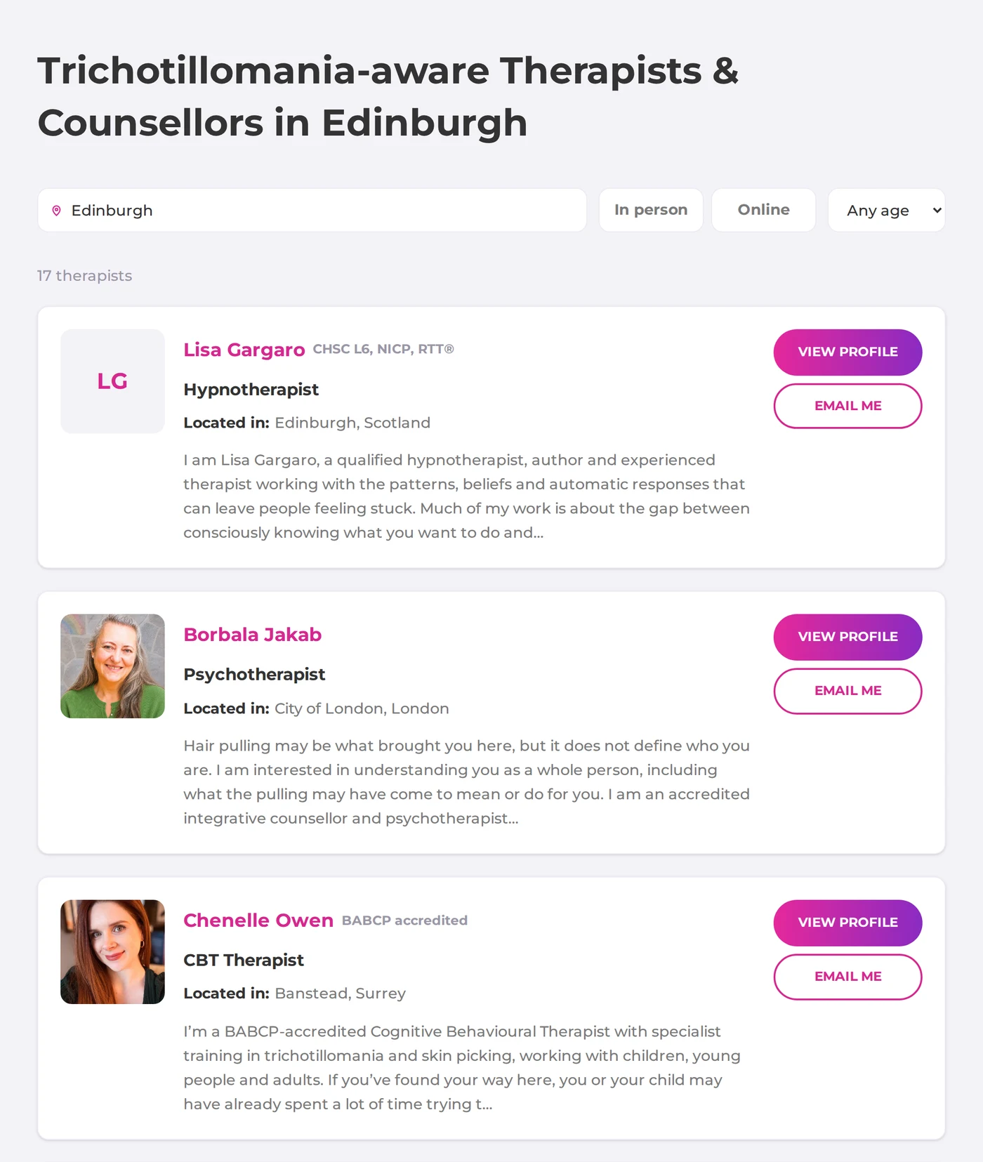 The trichotillomania.com search results for Edinburgh: a therapist based in Edinburgh, followed by online therapists based elsewhere in the UK.