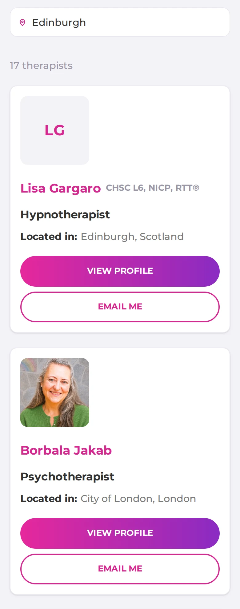 The trichotillomania.com search results for Edinburgh: a therapist based in Edinburgh, followed by online therapists based elsewhere in the UK.