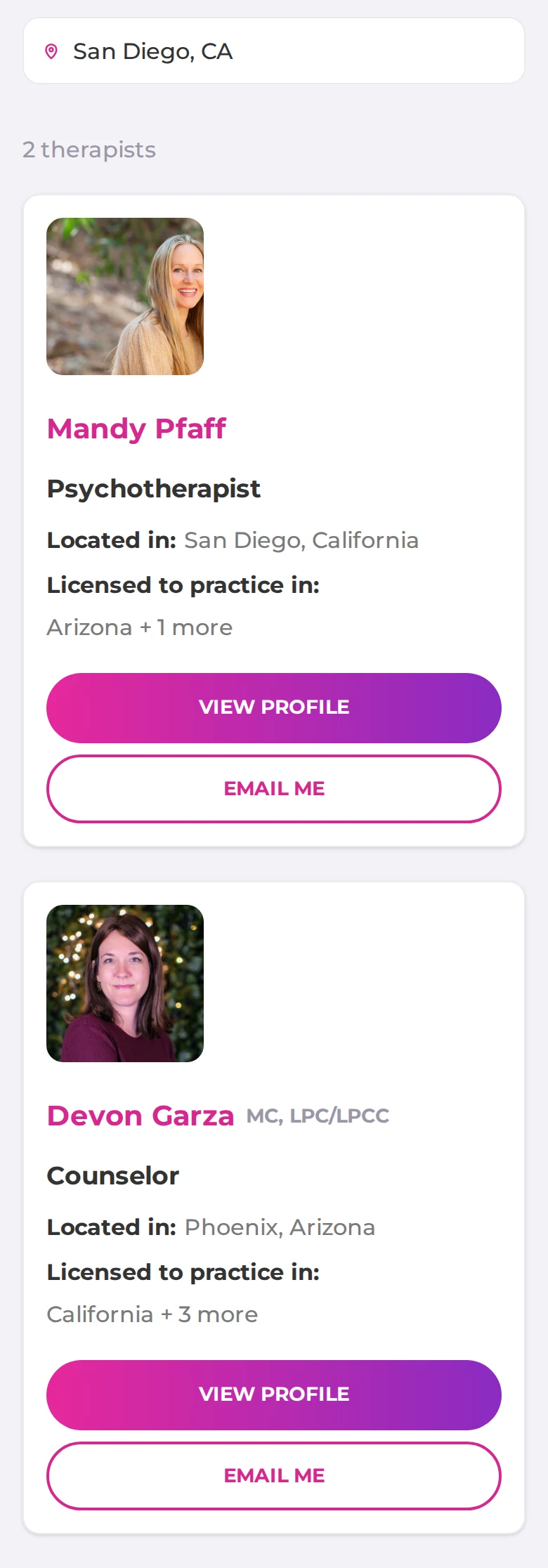 The trichotillomania.com search results for San Diego, CA: two therapists, one based in San Diego and one based in Phoenix, Arizona, who is licensed in California.