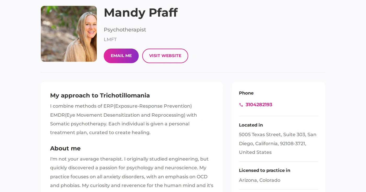 A therapist's profile on trichotillomania.com: photo, name, profession and credentials, Email me and Visit website buttons, a 'My approach to Trichotillomania' section and 'About me', with phone number, location and the states they are licensed to practice in alongside.
