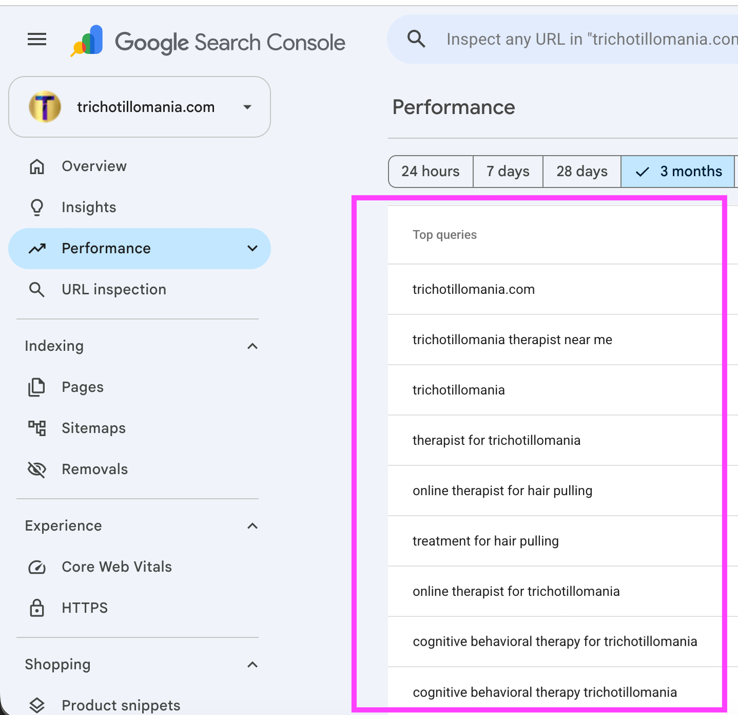 Google Search Console for trichotillomania.com, top queries over three months: "trichotillomania therapist near me", "therapist for trichotillomania", "online therapist for hair pulling", "treatment for hair pulling", "trichotillomania treatment near me" and similar.